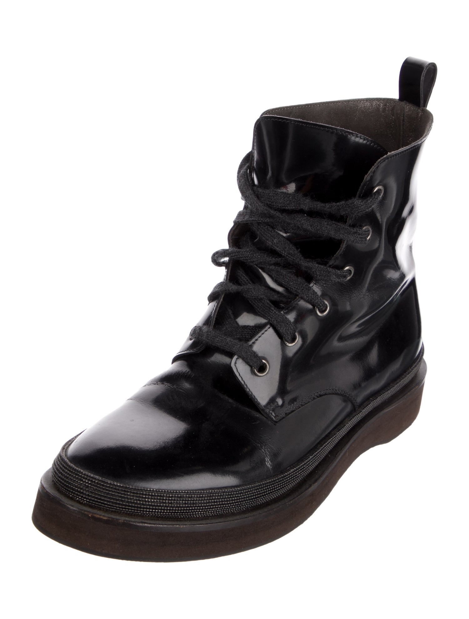 Brunello Cucinelli Patent Leather Beaded Accents Combat Boots